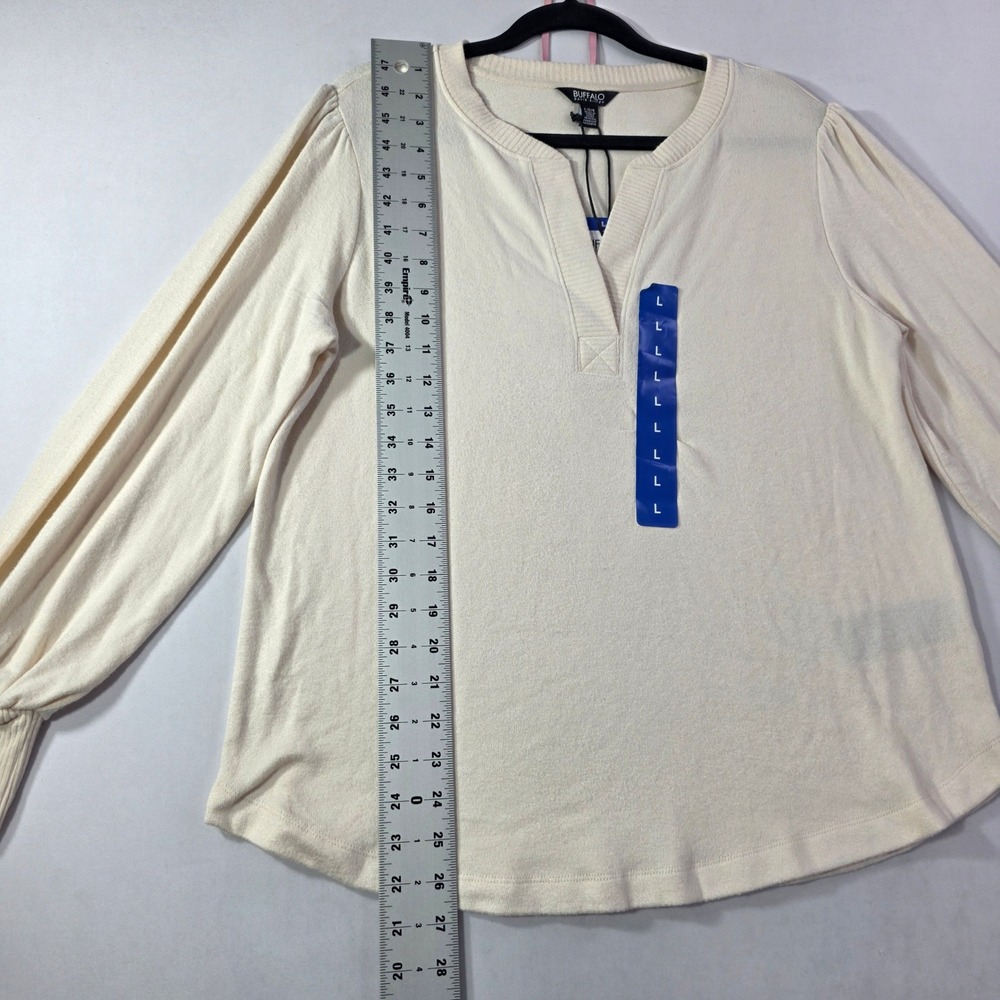 Buffalo David Bitton Cream Split Neck Puff Sleeve Knit Top Large NEW - Picture 4 of 12